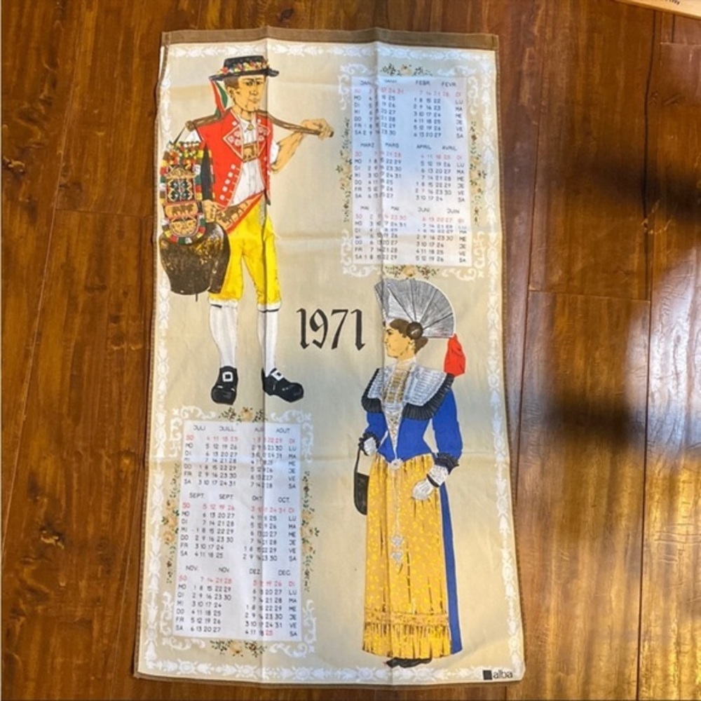 Vintage 1971 Swiss Calendar Tea Towel Colonial Couple Folk Costume Linen